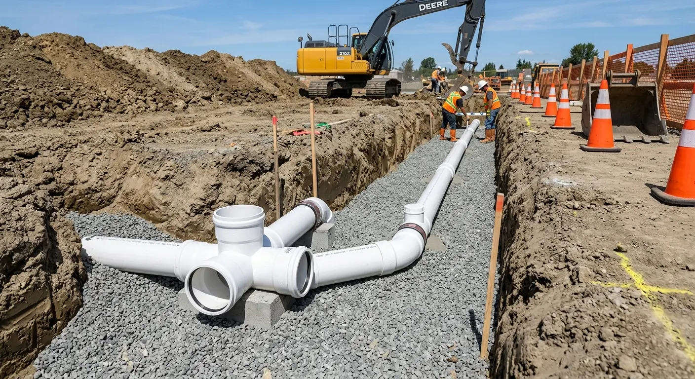 New PVC sewer pipe installation in open trench for Sewer Backup in Bremen