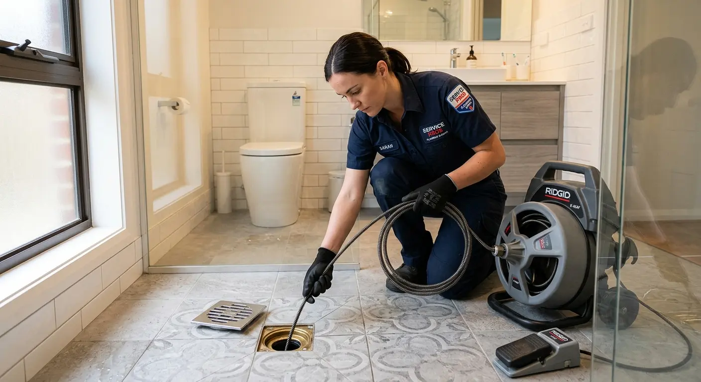Technician clearing a bathroom floor drain for Hydro Jetting in Bremen